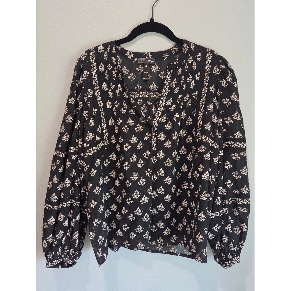 AQUA Blouse Women XS Black Floral Cotton V-Neck Long Balloon Sleeve Excellent